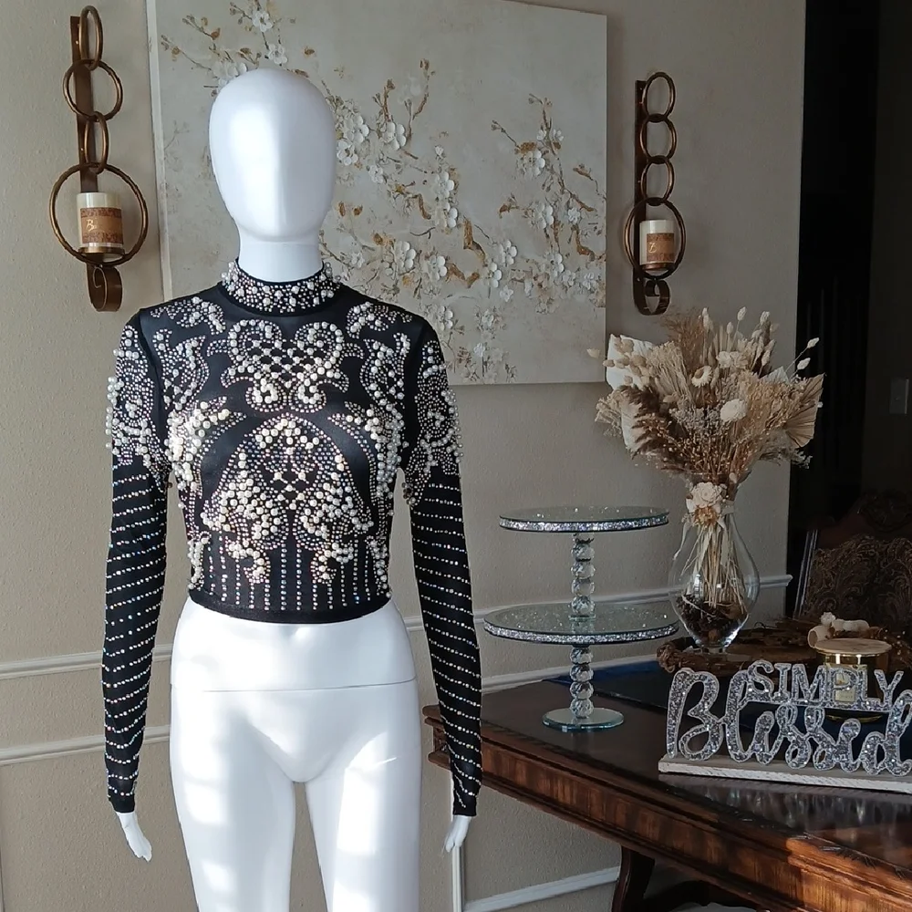 Banjul Black Beaded Long-Sleeve Crop Sheer Cocktail Mock Neck Top. Size M - Picture 1 of 17